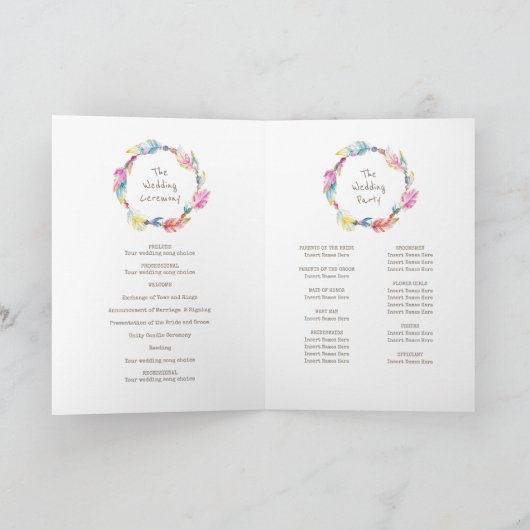 Bohemische Federn Perlen farbenfrohe Hochzeitsfeie Programm (Innenseite)