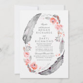 Bohemische Federn Rosa und Grau Hochzeit Einladung (Vorderseite)