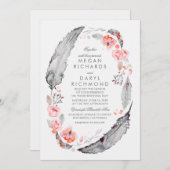 Bohemische Federn Rosa und Grau Hochzeit Einladung (Vorne/Hinten)