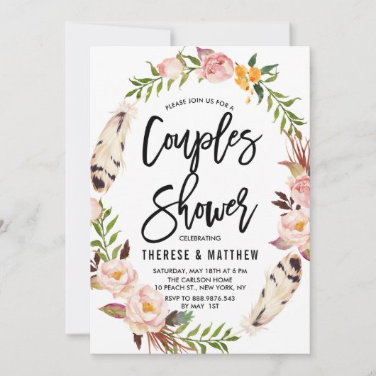 Bohemische Federn und Blumenkrautpaare Dusche Einladung (Vorderseite)