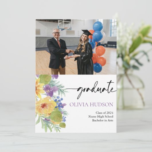 Bohemische, fette Wildblumen Fotos Chic Abschluss Einladung (Stehend Vorderseite)