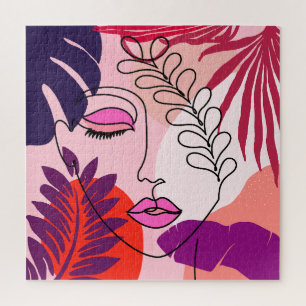 Bohemische Girl Line Art Pink Ästhetik Puzzle