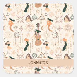 Bohemische Gitarre mit mystischer Dreamcatcher Quadratischer Aufkleber