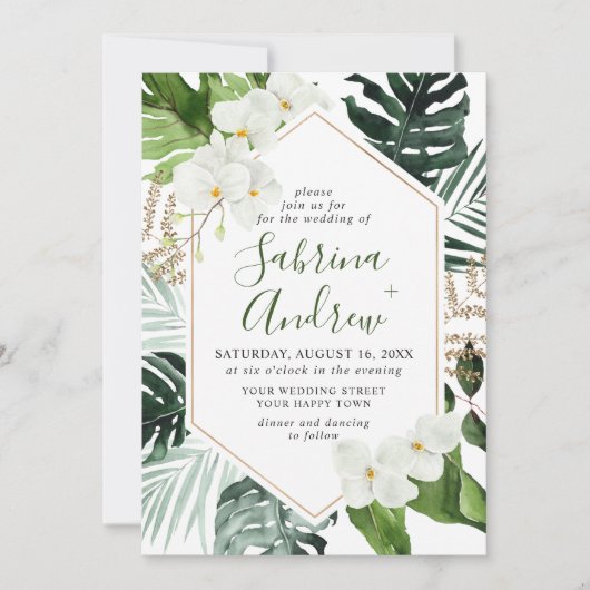 Bohemische Grüne Hochzeit mit eleganten Orchideen Einladung (Vorderseite)