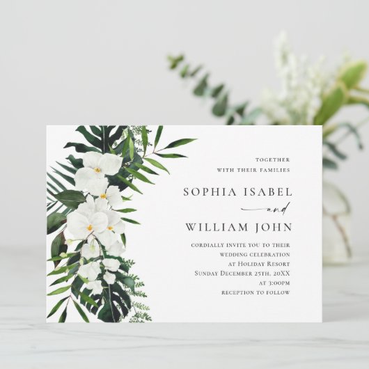 Bohemische Grüne Hochzeit mit eleganten Orchideen Einladung (Stehend Vorderseite)