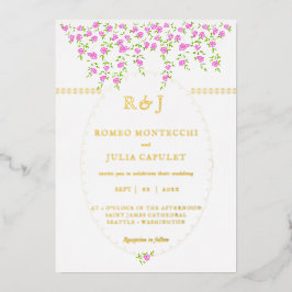 Bohemische, hellrosa, blumengeschmückte Hochzeit Folieneinladung