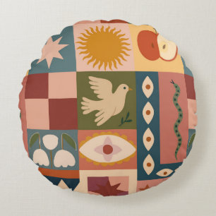 Bohemische Himmelskörper mit mystischen Symbolen Rundes Kissen