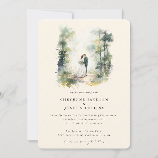 Bohemische Hochzeit im Wasserfarbenwald Einladung (Vorderseite)
