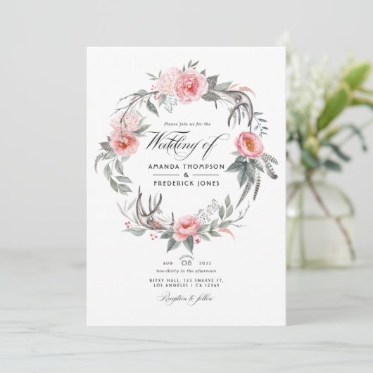 Bohemische Hochzeit in Rosa und Grau Einladung (Stehend Vorderseite)