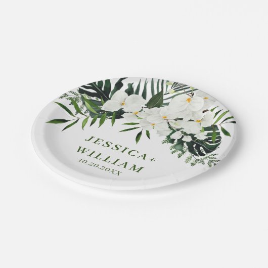 Bohemische Hochzeit mit Blumen und Orchideen Pappteller (Schrägansicht)