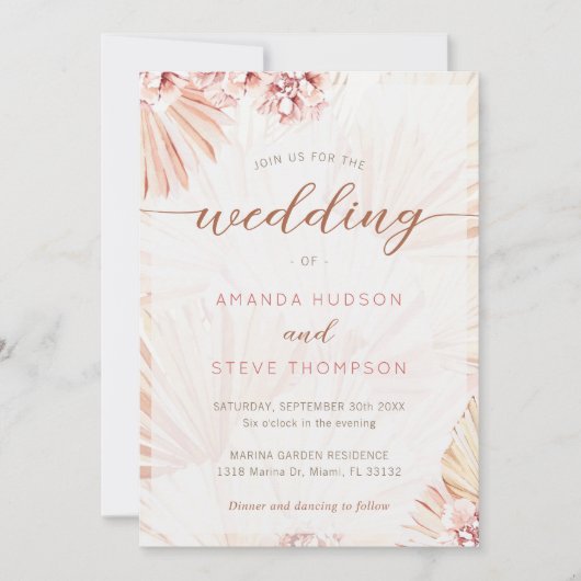 Bohemische Hochzeit Pampas Grass Boho Themed Flora Einladung (Vorderseite)