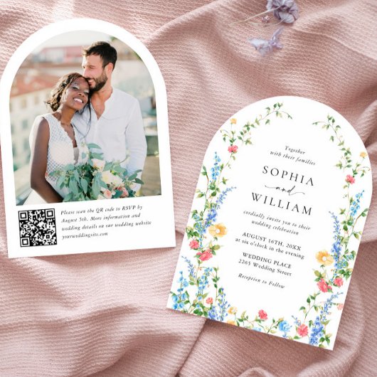 Bohemische HochzeitQR-Code-Foto der Meadow Wildblu Einladung