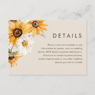 Bohemische Hochzeitsdetails für Sonnenblumen Begleitkarte