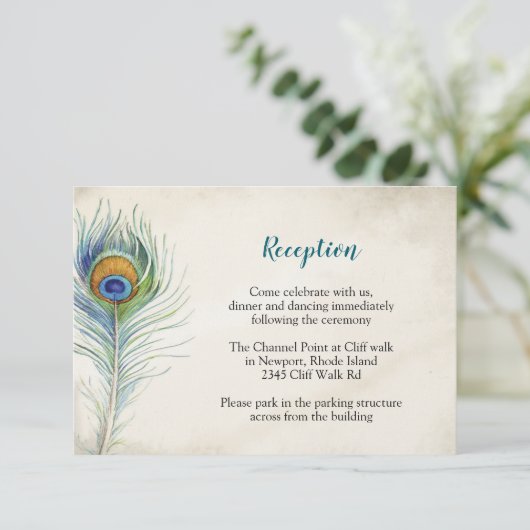 Bohemische Hochzeitsrezeption Pfauenfeder Begleitkarte (Stehend Vorderseite)