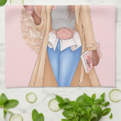 Bohemische Imitate Glitzer Girl Tan Hair Pink Geschirrtuch (Gefaltet)