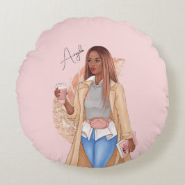 Bohemische Imitate Glitzer Girl Tan Hair Pink Rundes Kissen