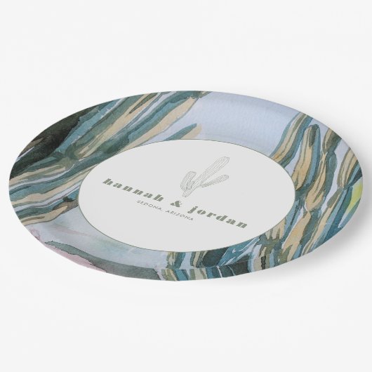 Bohemische Kaktus Grüne Wüstenhochzeit Pappteller (Schrägansicht)