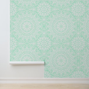 Bohemische Mandala White Lace auf hellgrün Tapete