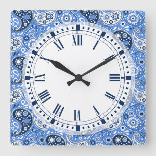 Bohemische Paisley Blue Country Farm Style Quadratische Wanduhr