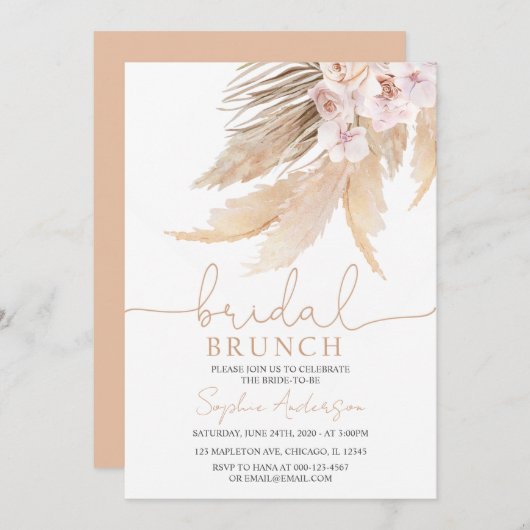 Bohemische Pampas Grass Bridal Brunch-Tones Einladung (Vorne/Hinten)