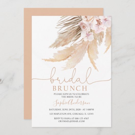 Bohemische Pampas Grass Bridal Brunch-Tones Einladung (Vorne/Hinten)