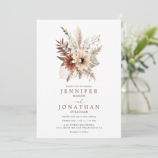 Bohemische Pampas Grass Foto Hochzeit Einladung (Stehend Vorderseite)