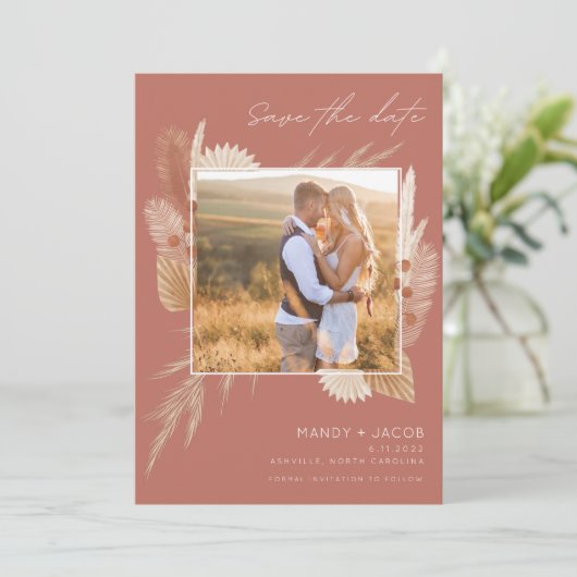 Bohemische Pampas Grass Foto Hochzeit Save The Date (Stehend Vorderseite)