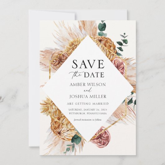 Bohemische Pampas Grass Save the Date Einladung (Vorderseite)