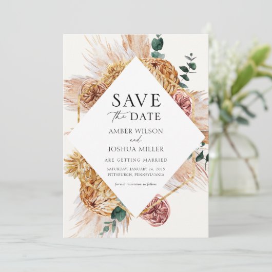 Bohemische Pampas Grass Save the Date Einladung (Stehend Vorderseite)