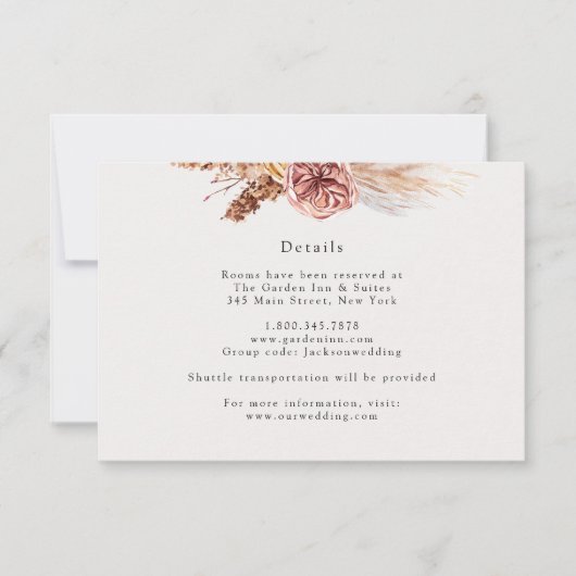 Bohemische Pampas Grass Wedding Details Card Einladung (Vorderseite)