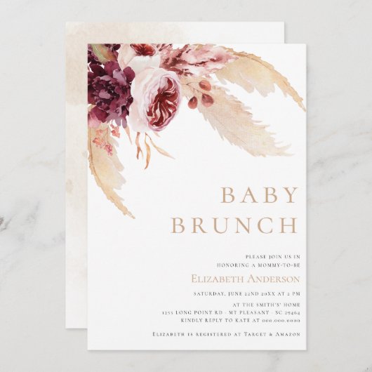 Bohemische Pampas-Wüste Grass Brunch Babydusche Einladung (Vorne/Hinten)