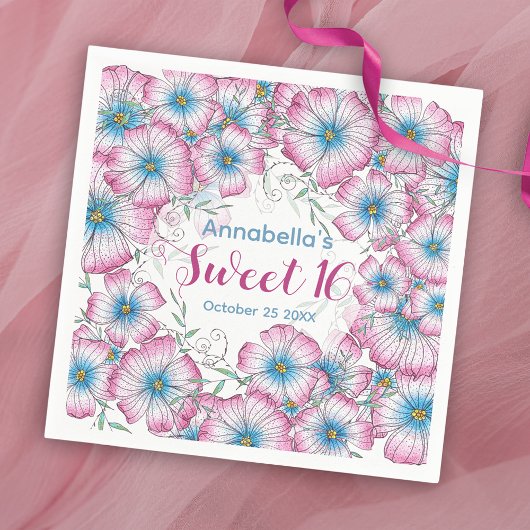 Bohemische Pastel Floral Pink Blue Sweet 16 Serviette