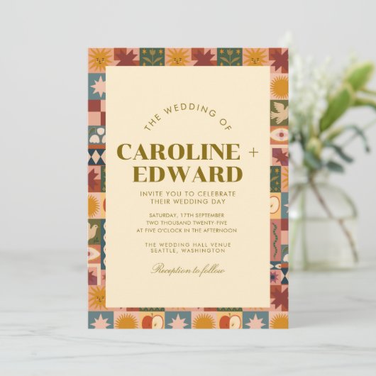 Bohemische Patchwork-Hochzeit Einladung (Stehend Vorderseite)