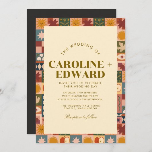 Bohemische Patchwork-Hochzeit Einladung (Vorne/Hinten)