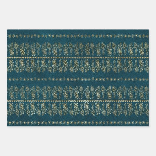 Bohemische Pfauengoldfolie auf strukturiertem Hint Geschenkpapier Set (Vorderseite 2)