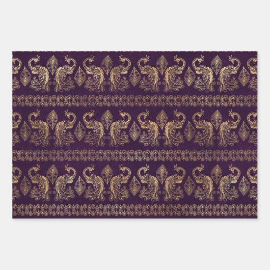 Bohemische Pfauengoldfolie auf strukturiertem Hint Geschenkpapier Set (Vorderseite)