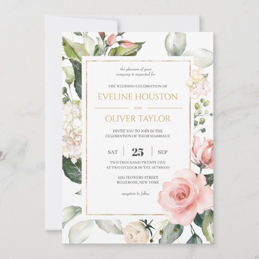 Bohemische Rosa Blumenstrauß Rose Hochzeit Einladung (Vorderseite)