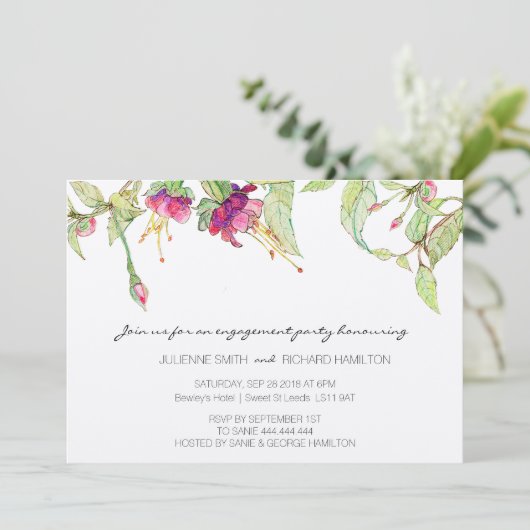 Bohemische rosa BlumenVerlobungs-Party Einladung (Stehend Vorderseite)