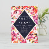Bohemische Rosa-Orange-Rose Blumenzehen Einladung (Stehend Vorderseite)