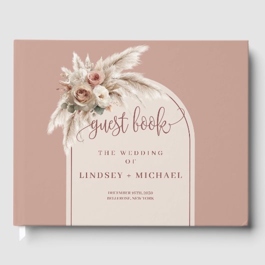 Bohemische Rosa Pampas Arch Rose Hochzeitsbuch Gästebuch (Vorderseite)