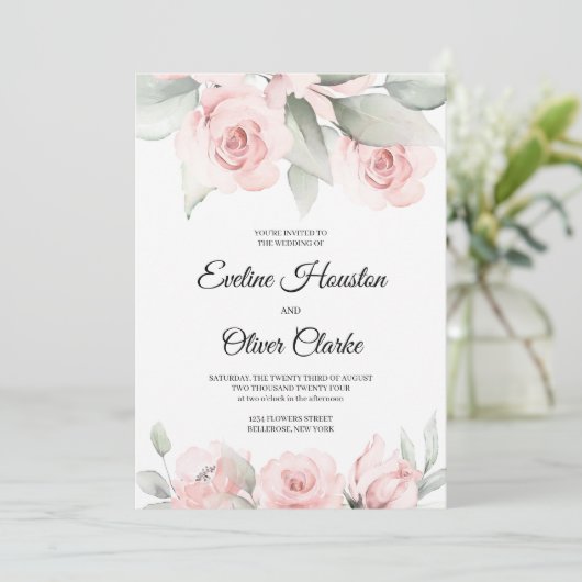 Bohemische Rosa Rosen und grüner Boho Einladung (Stehend Vorderseite)