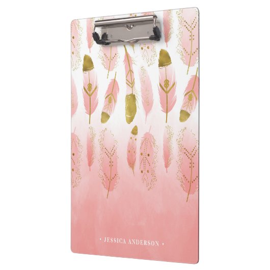 Bohemische Rosa und Gold Feathers Ombre Clipboard Klemmbrett (Links)