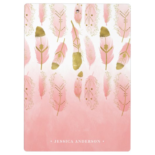 Bohemische Rosa und Gold Feathers Ombre Clipboard Klemmbrett (Rückseite)
