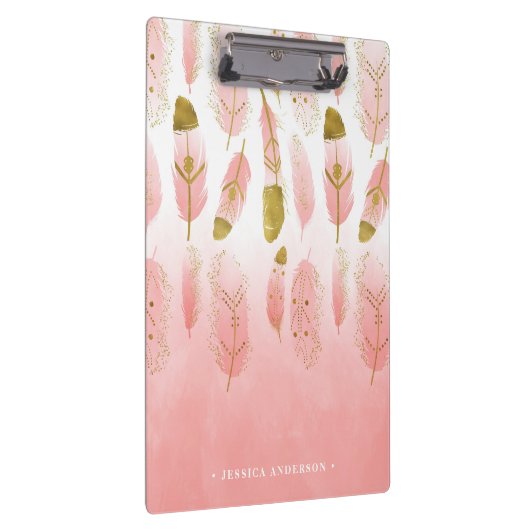 Bohemische Rosa und Gold Feathers Ombre Clipboard Klemmbrett (Rechts)