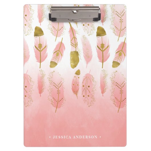 Bohemische Rosa und Gold Feathers Ombre Clipboard Klemmbrett (Vorderseite)