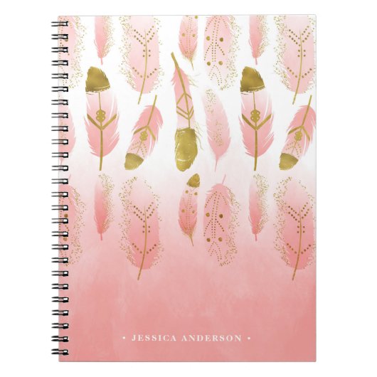 Bohemische Rosa und Gold Feathers Ombre Notebook Notizblock (Vorderseite)