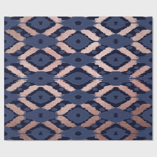 Bohemische Rose Gold Navy Blue Ikat Muster Geschenkpapier (Flach)
