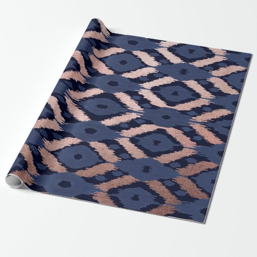 Bohemische Rose Gold Navy Blue Ikat Muster Geschenkpapier (Ungerollt)