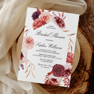 Bohemische Rose Marsala Brautparty Einladung