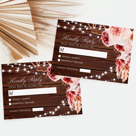 Bohemische Rose Rustic Wood Wedding RSVP Karte